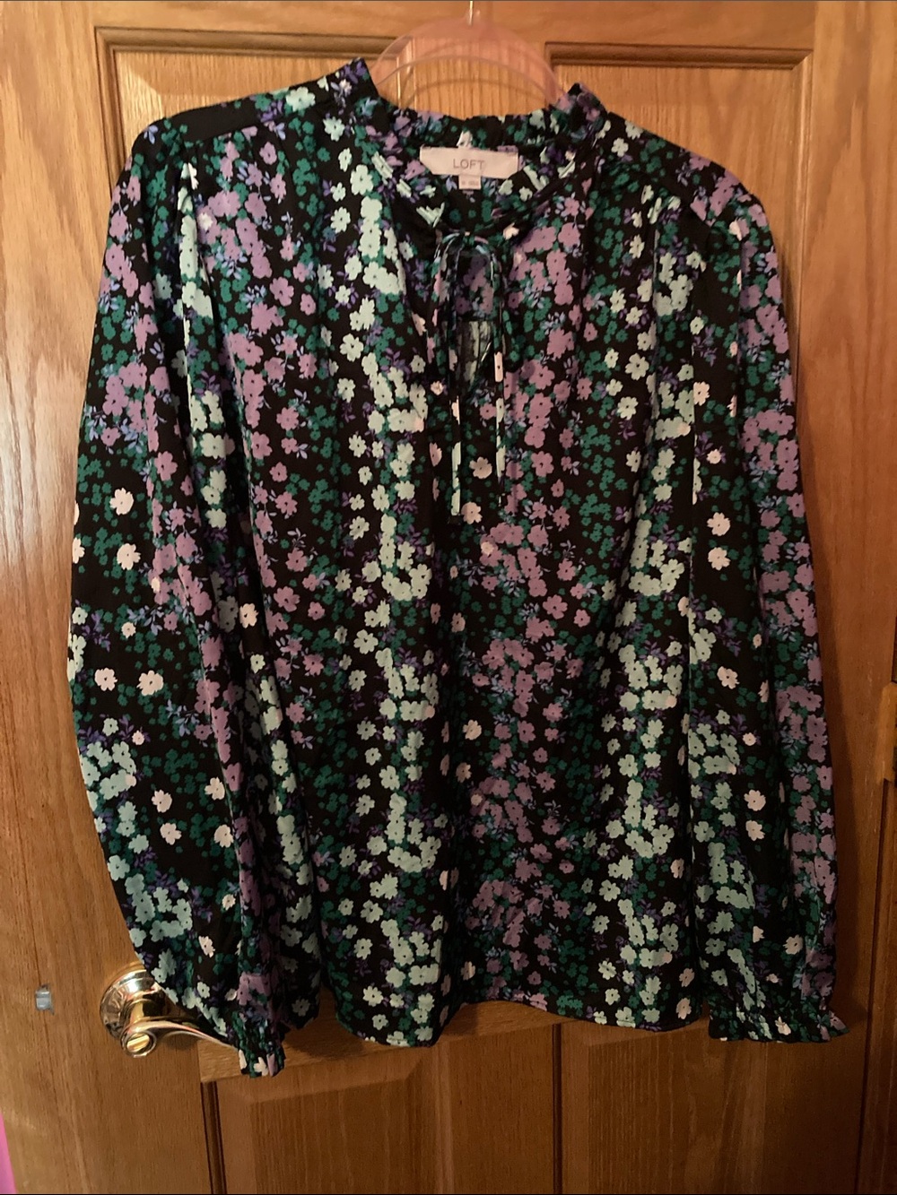 LOFT Black Floral Tie-Neck Blouse in Purple & Mint